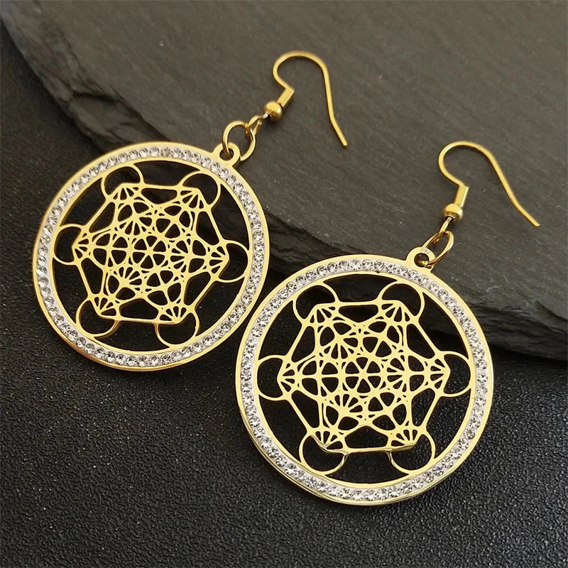 Boucles d'Oreilles Pendantes Cube de Métatron or