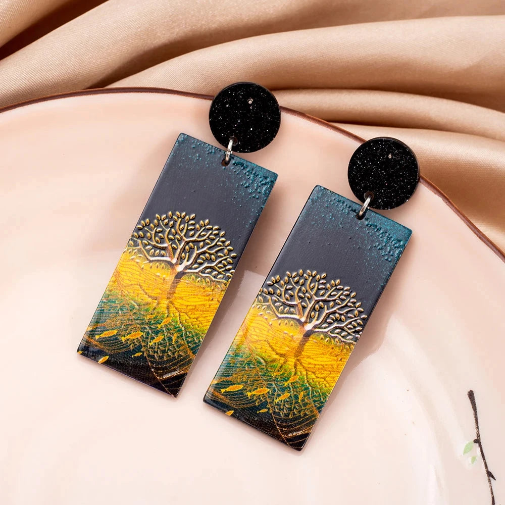 Boucles d'Oreilles Pendantes en Acrylique Arbre de Vie