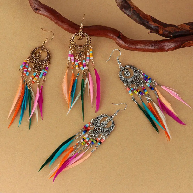 Boucles d'Oreilles Pendantes Ethniques Plumes Colorées Femme argent