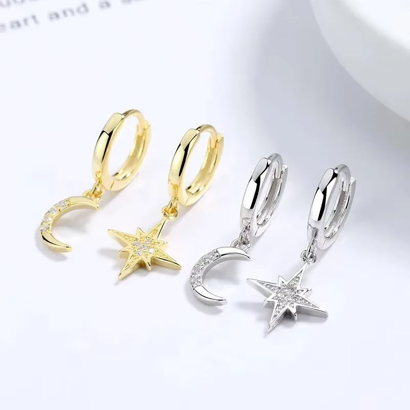 Boucles d'Oreilles Pendantes Etoile et Lune en Zircon argent