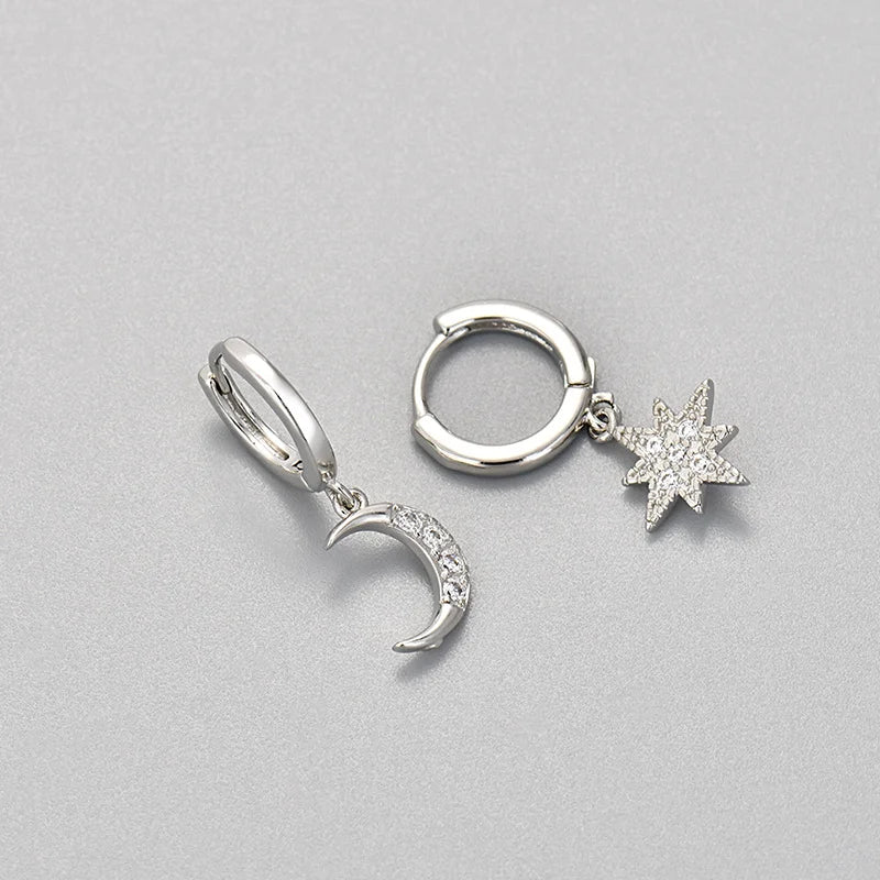 Orecchini Pendenti Stella e Luna in Zircone argento