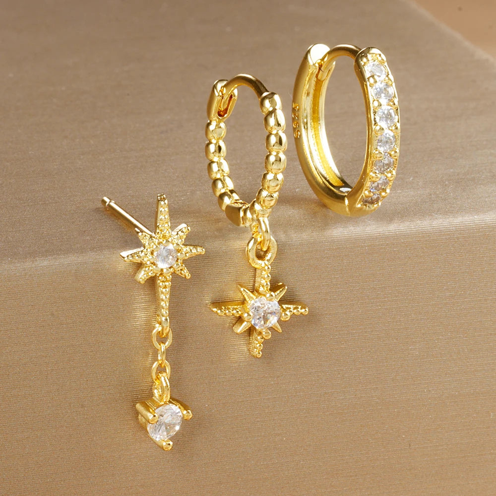 Boucles d'Oreilles Pendantes Etoiles en Zircon Astrologie (lot de 3)