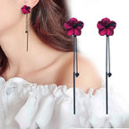 Boucles d'Oreilles Pendantes Fleur Rouge et Chaîne rouge