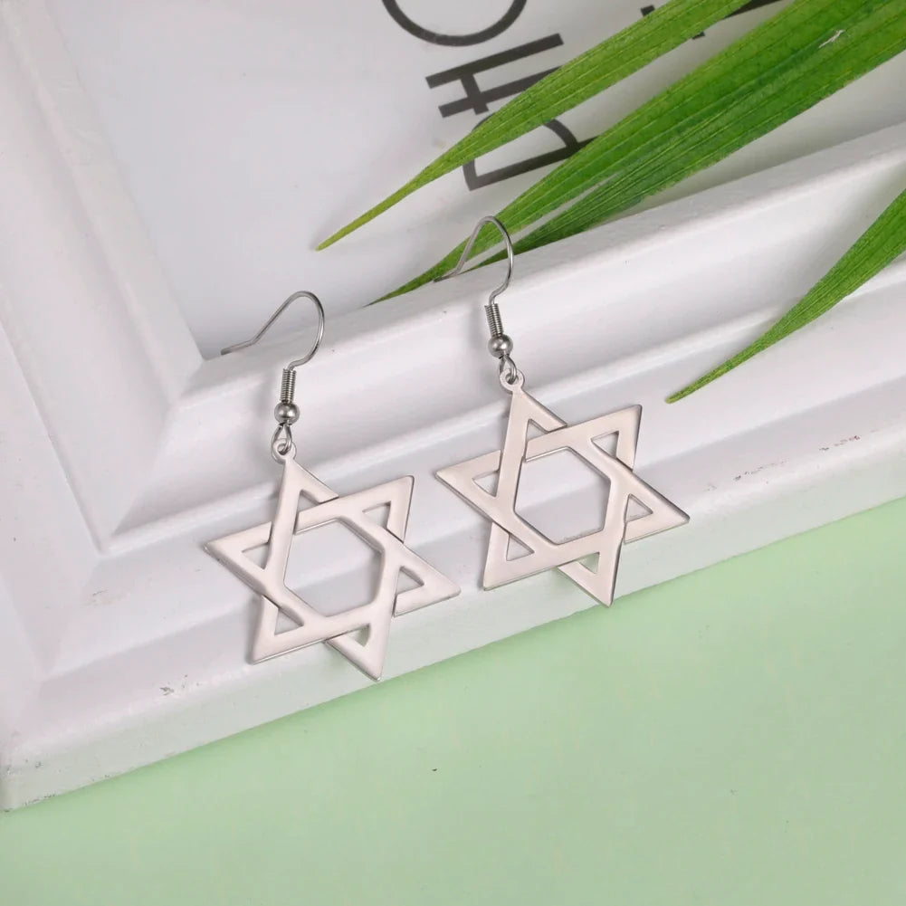 Visací hexagonální náušnice se židovským symbolem Stříbrné Davidovy hvězdy