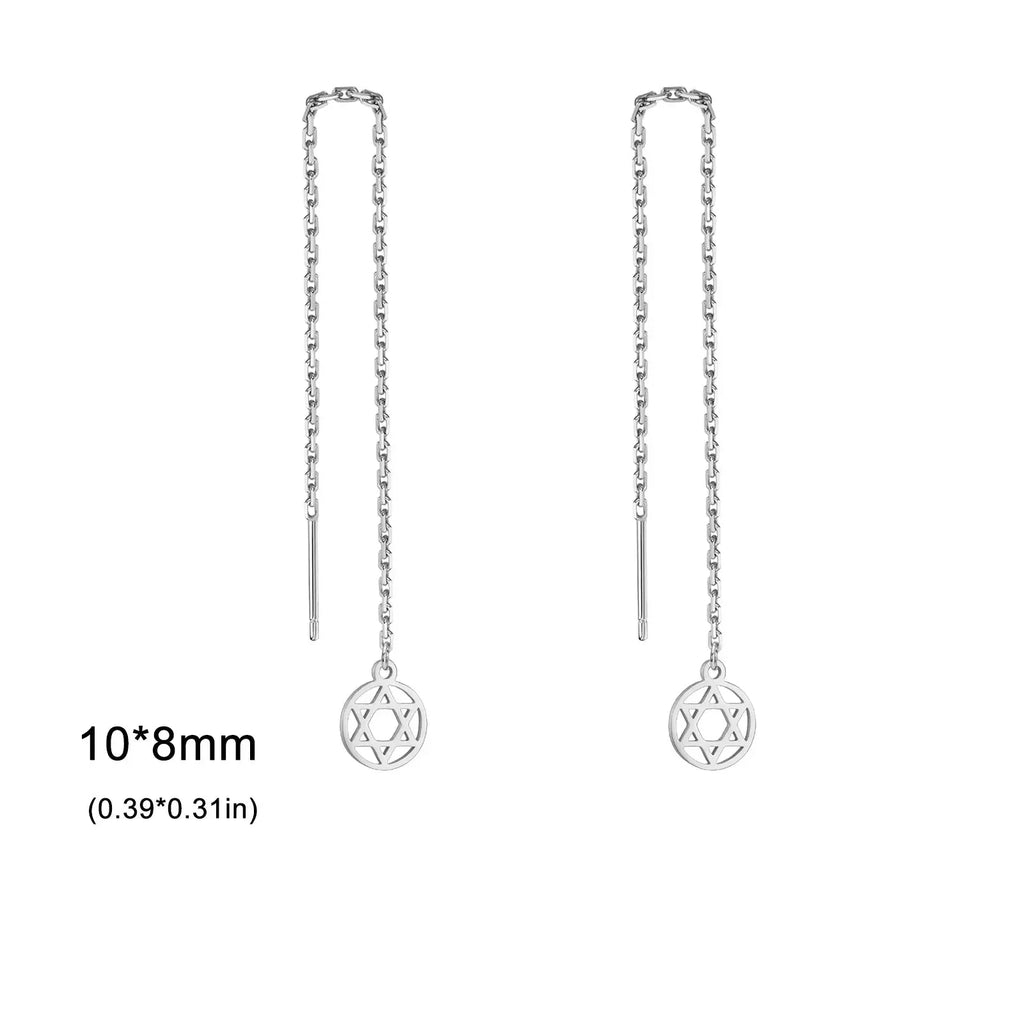 Långa hängande örhängen med rund <span data-glossary-id="">Davidsstjärnan</span> judiskt symbol i silver