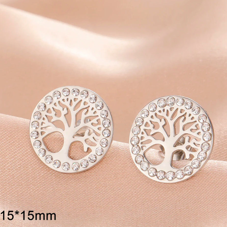 Boucles d'oreilles rondes arbre de vie orné de strass argent