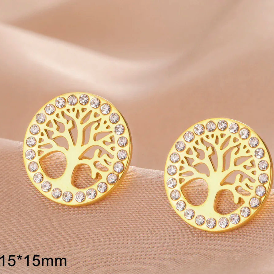 Boucles d'oreilles rondes arbre de vie orné de strass or