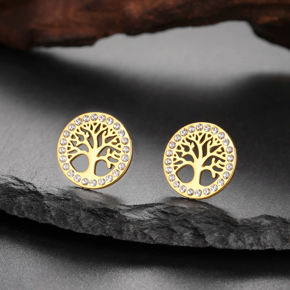 Boucles d'oreilles rondes arbre de vie orné de strass or