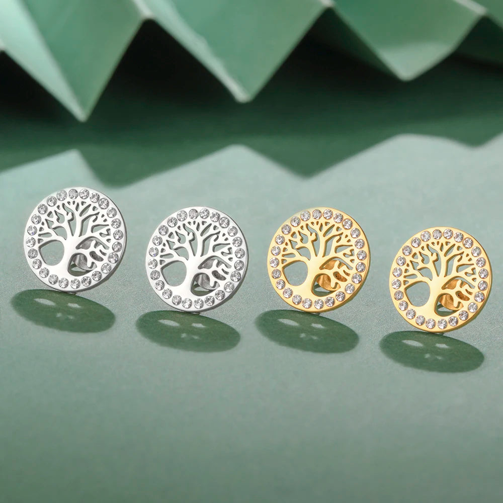 Boucles d'oreilles rondes arbre de vie orné de strass 