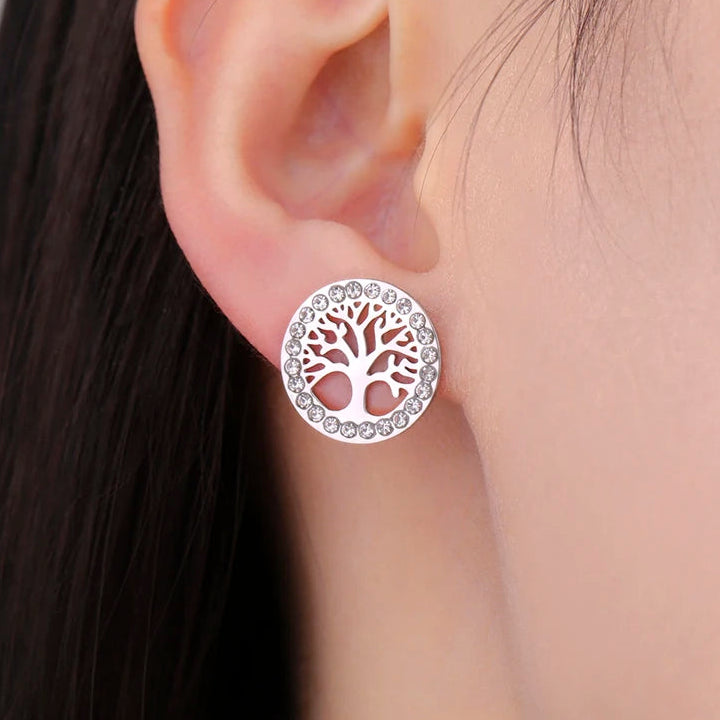 Boucles d'oreilles rondes arbre de vie orné de strass argent