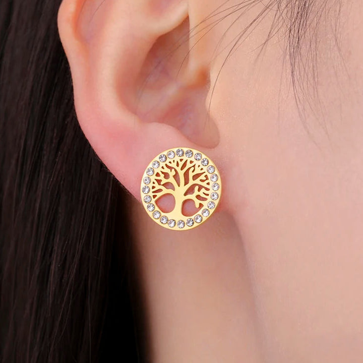 Boucles d'oreilles rondes arbre de vie orné de strass or