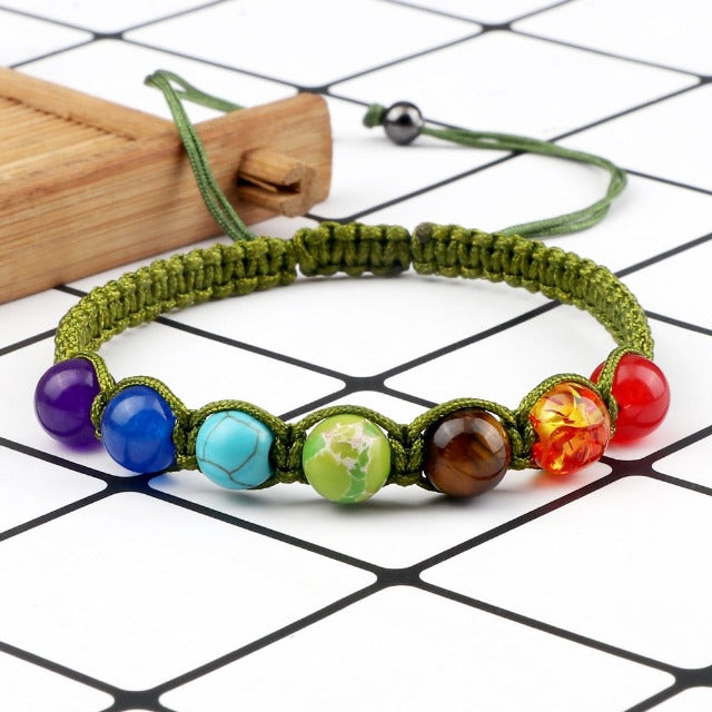 7 Chakras Braided Cuban Link Bracelet Men Women Genuine Stones Green