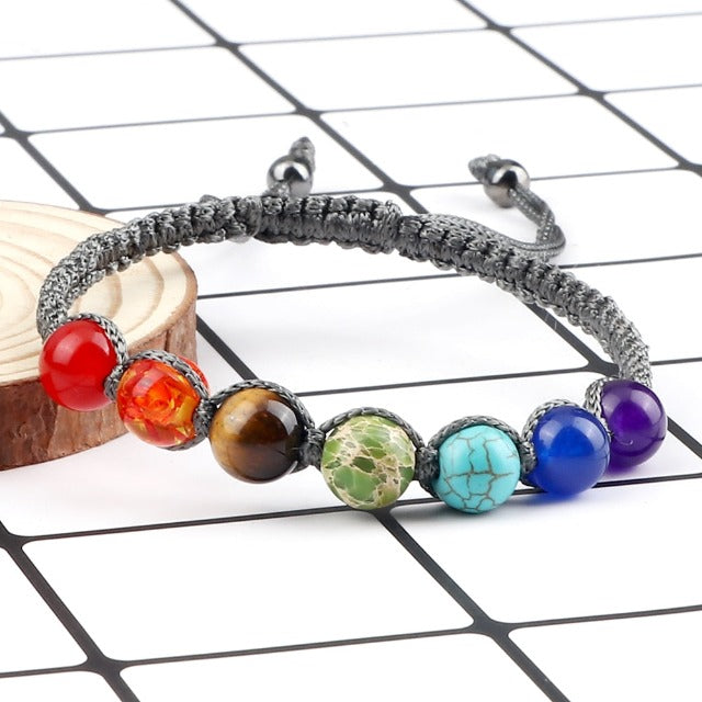 7 Chakras Braided Cuban Link Bracelet Men Women Genuine Stones Gray