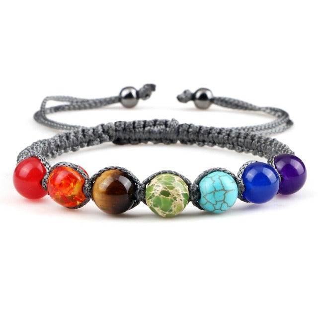 7 Chakras Braided Cuban Link Bracelet Men Women Genuine Stones Gray