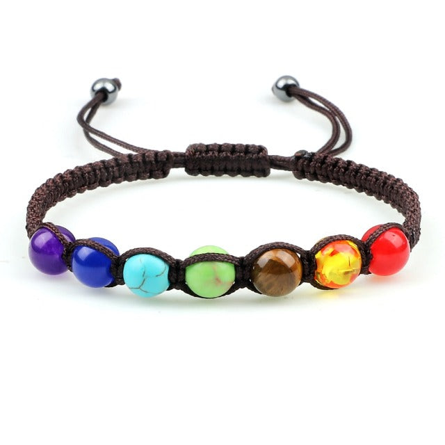 7 Chakras Braided Cuban Link Bracelet Men Women Genuine Stones Brown