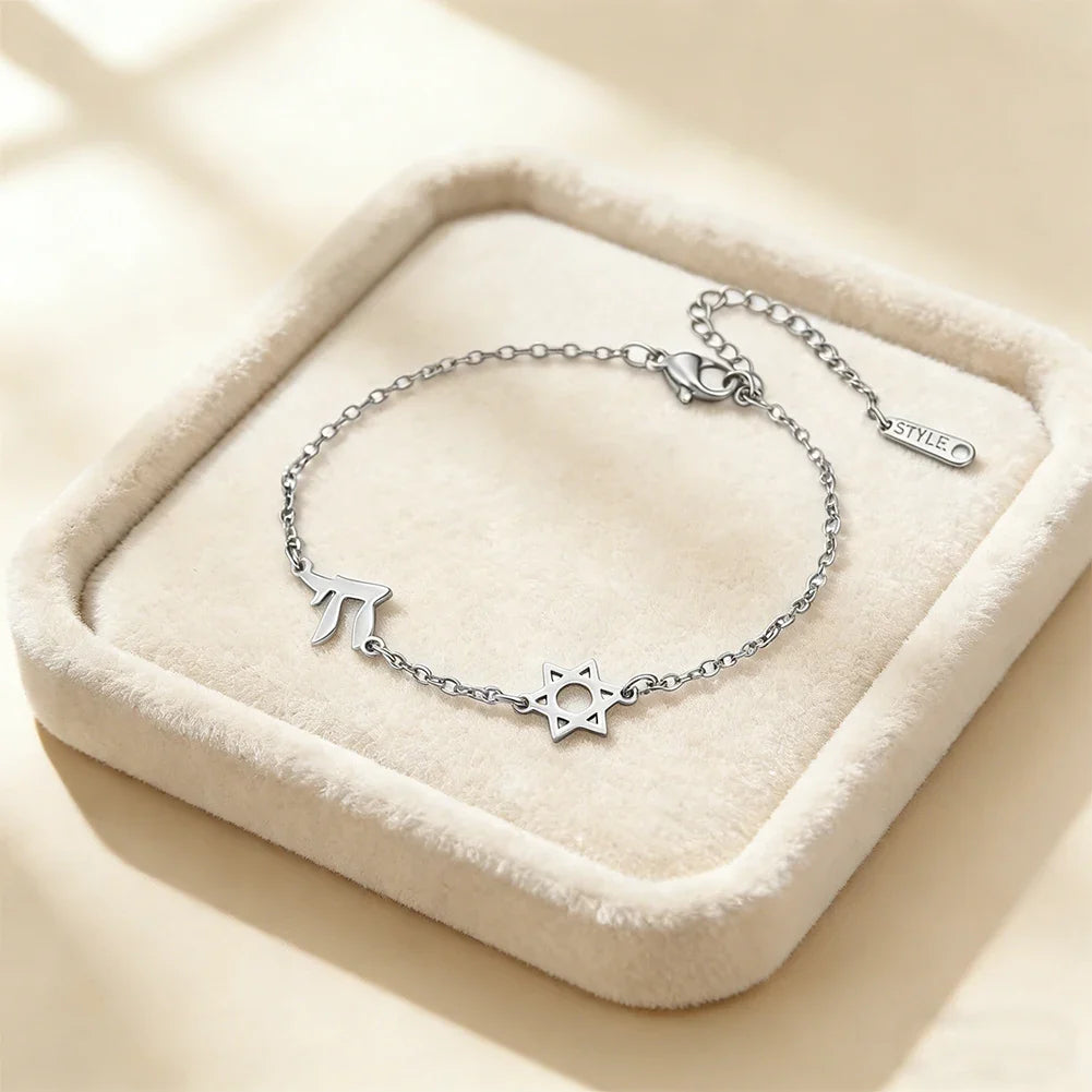Bracelet ajustable avec l'étoile de David et Chai symboles d'appartenance juive argent