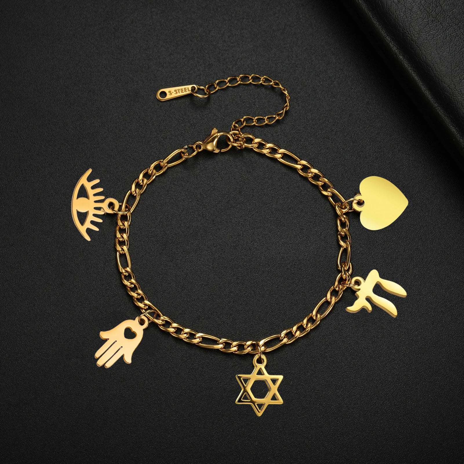 Verstellbares Armband mit jüdischen Schutzanhängern aus Gold