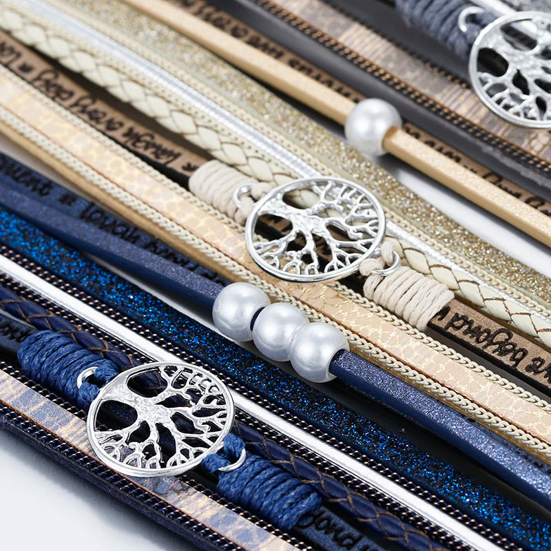 Lebensbaum-Armband mit Gliederkette aus Leder