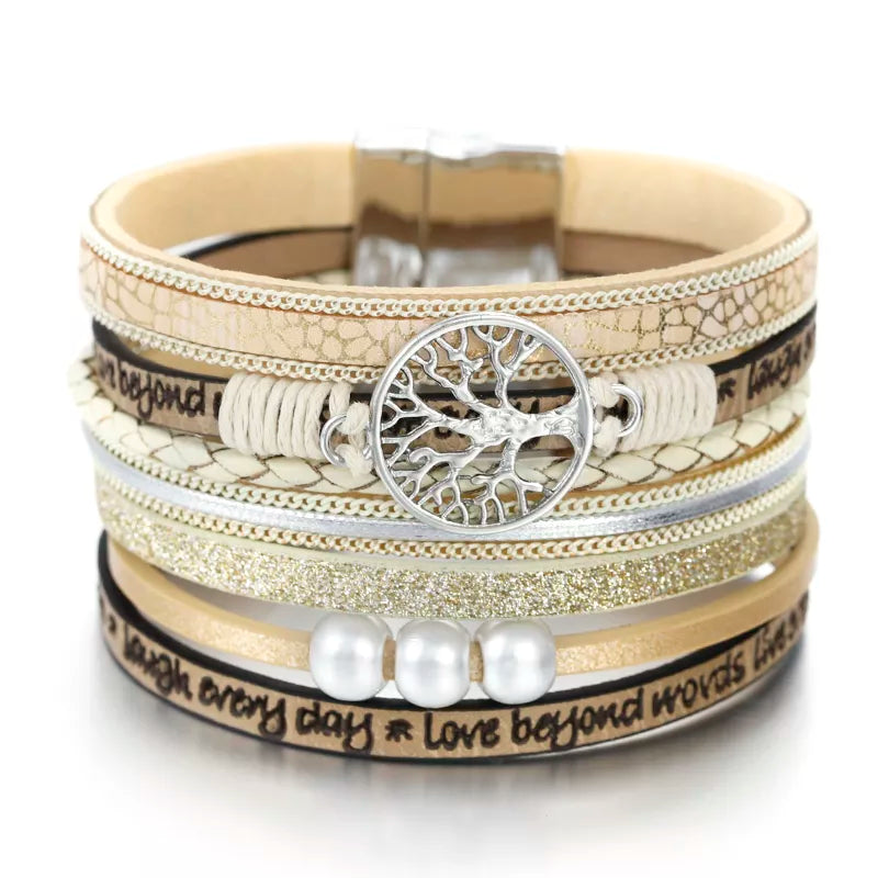 Lebensbaum-Armband mit Gliederkette aus beigem Leder