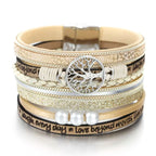 Lebensbaum-Armband mit Gliederkette aus beigem Leder