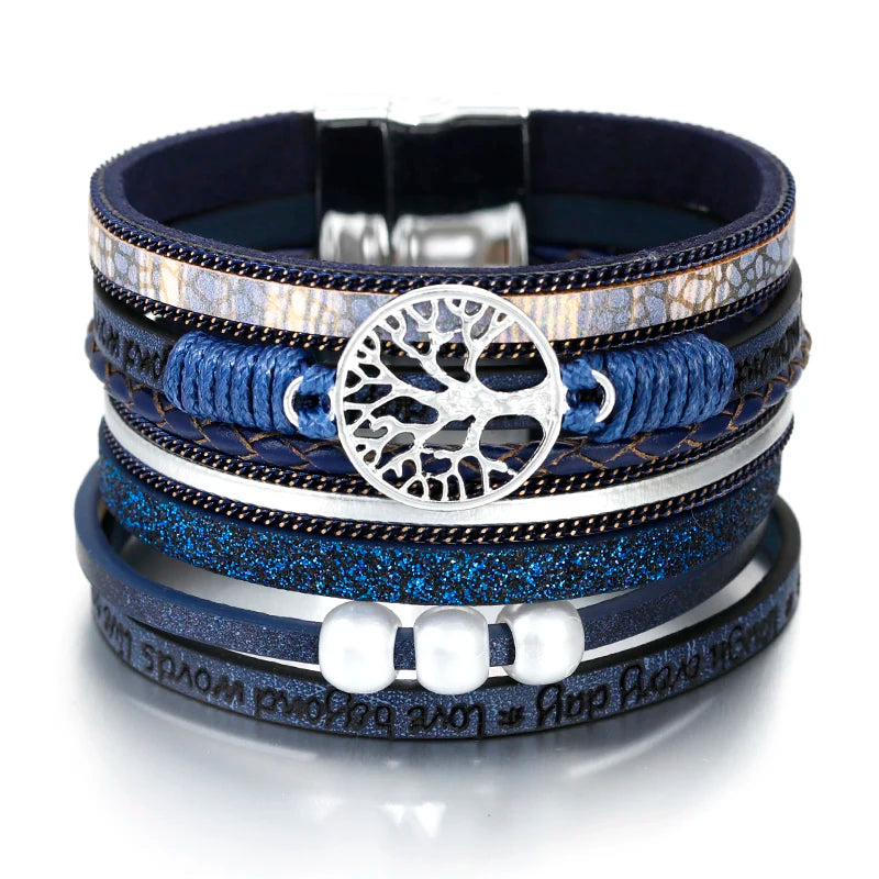Lebensbaum-Armband mit Gliederkette aus blauem Leder