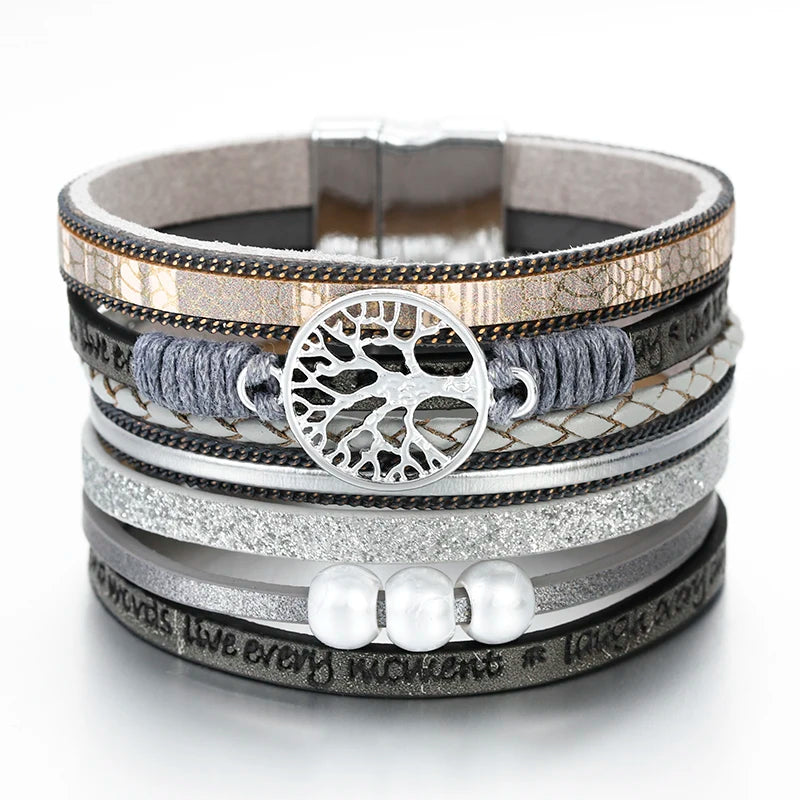 Lebensbaum-Armband mit Gliederkette aus grauem Leder