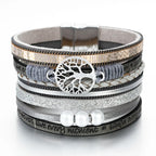Lebensbaum-Armband mit Gliederkette aus grauem Leder