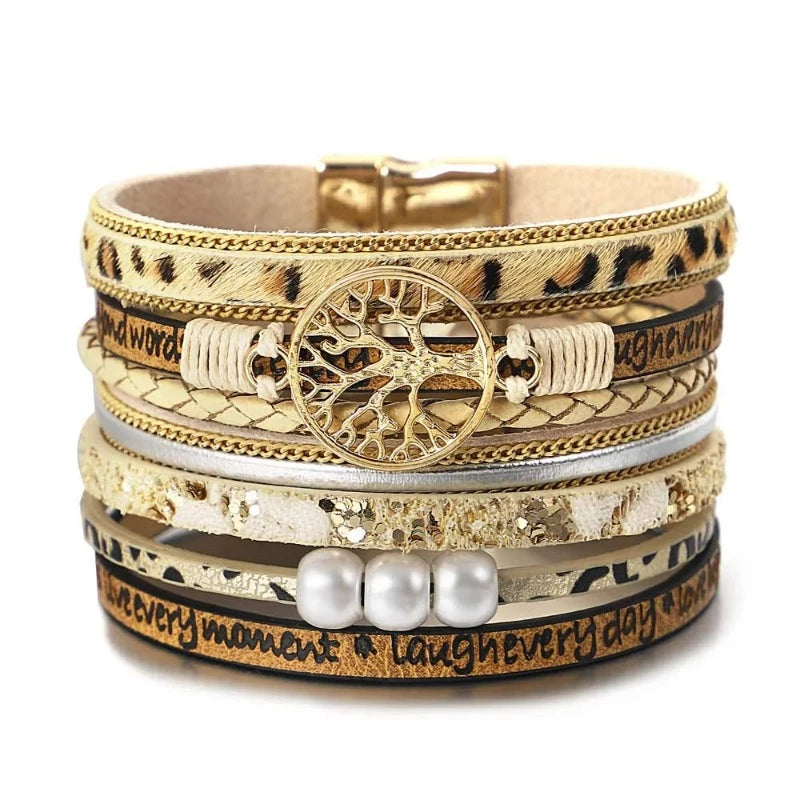 Lebensbaum-Armband mit Gliederkette aus Leopardenleder