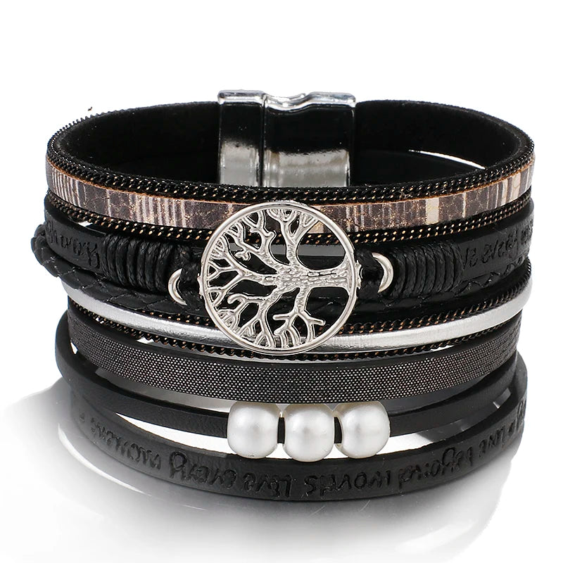 Lebensbaum-Armband mit Gliederkette aus schwarzem Leder