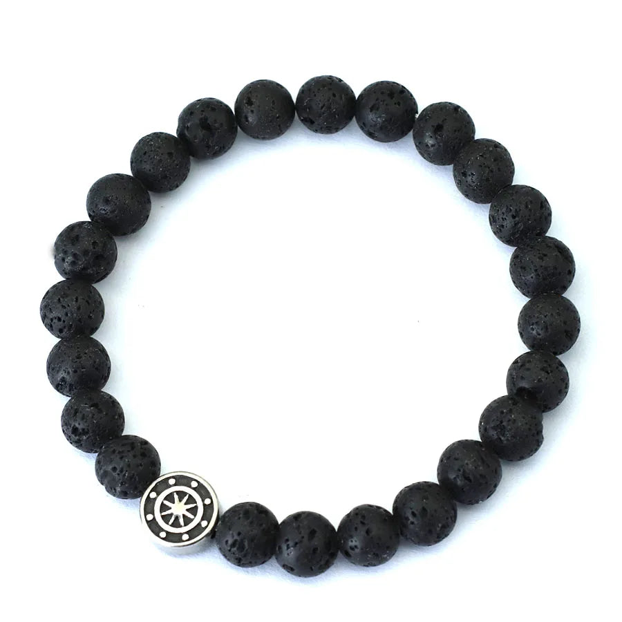 Bracelet avec Boussole Rose des Vents en Pierres Naturelles pierre de lave