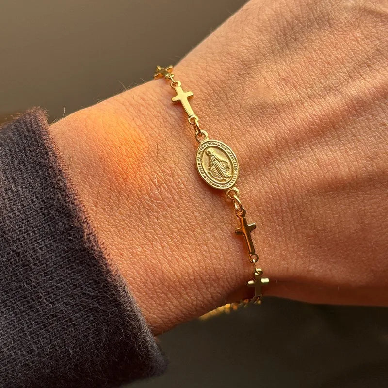 Bracelet with Virgin Mary medallion and gold Cross