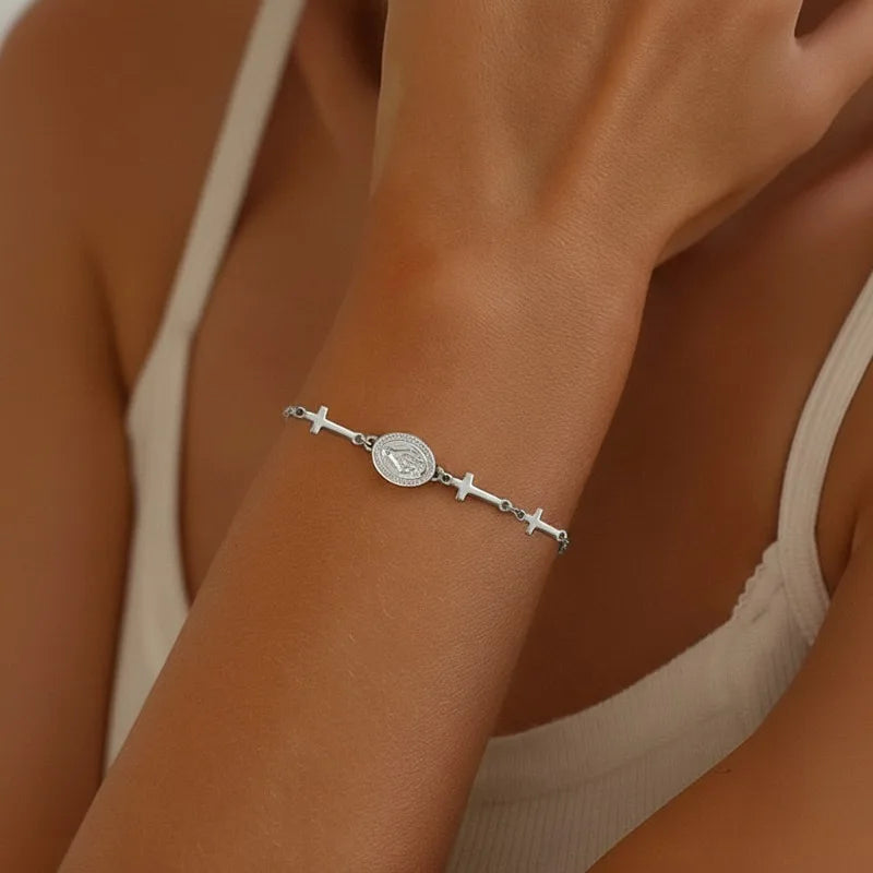Bracelet with Virgin Mary medallion and silver Cross