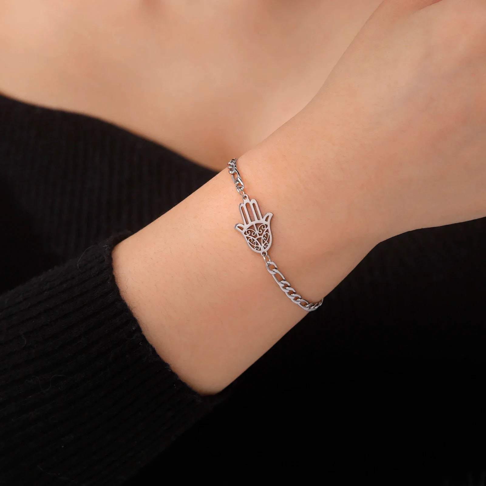 Bracciale con mano di Fatima dorata o argentata araba argento