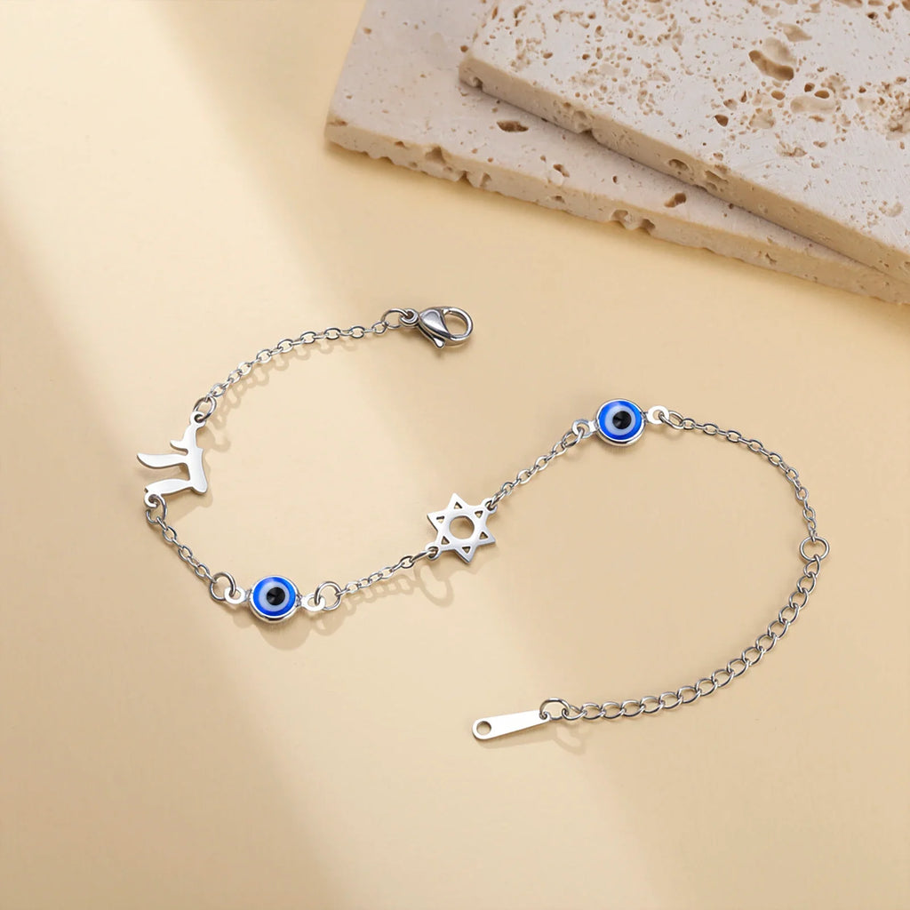 Bracelet with blue eye protection symbols, Chai and the silver Star of David