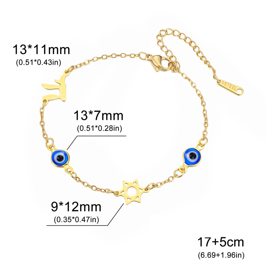 Bracelet with blue eye protection symbols, Chai and the gold Star of David