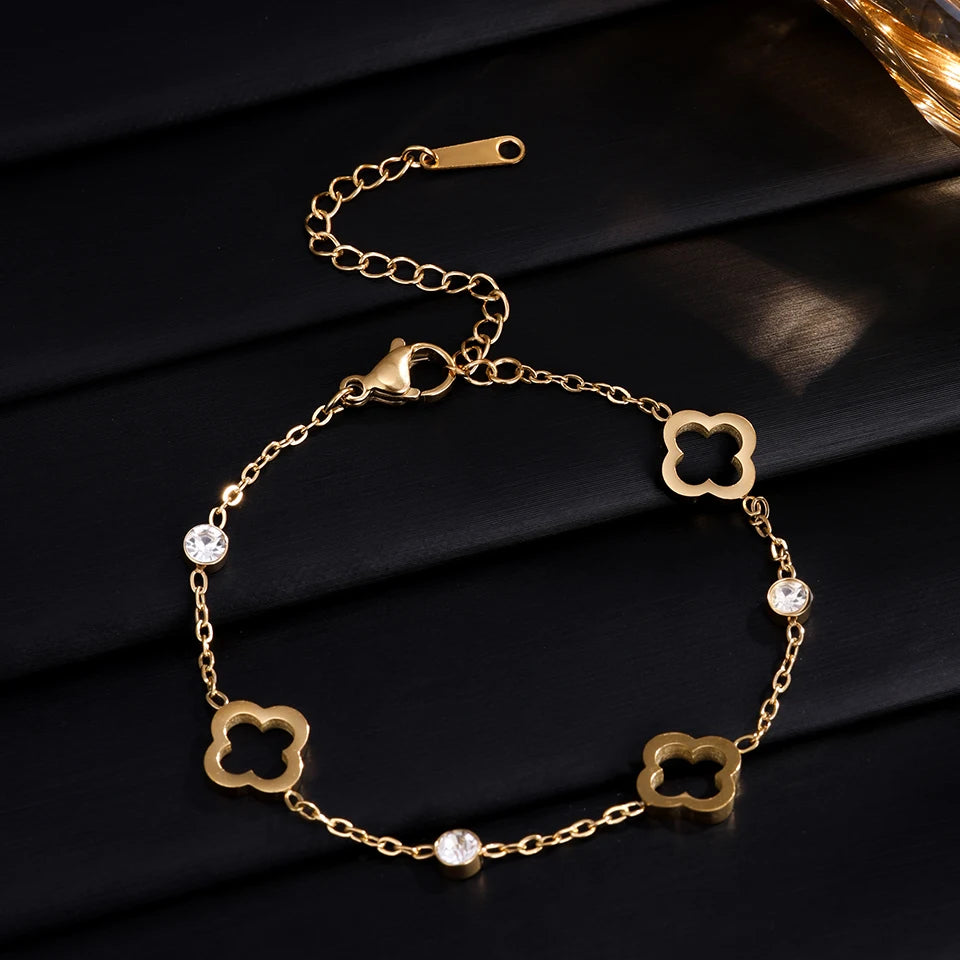 Bracelet avec Trèfles à 4 Feuilles avec Zircon or