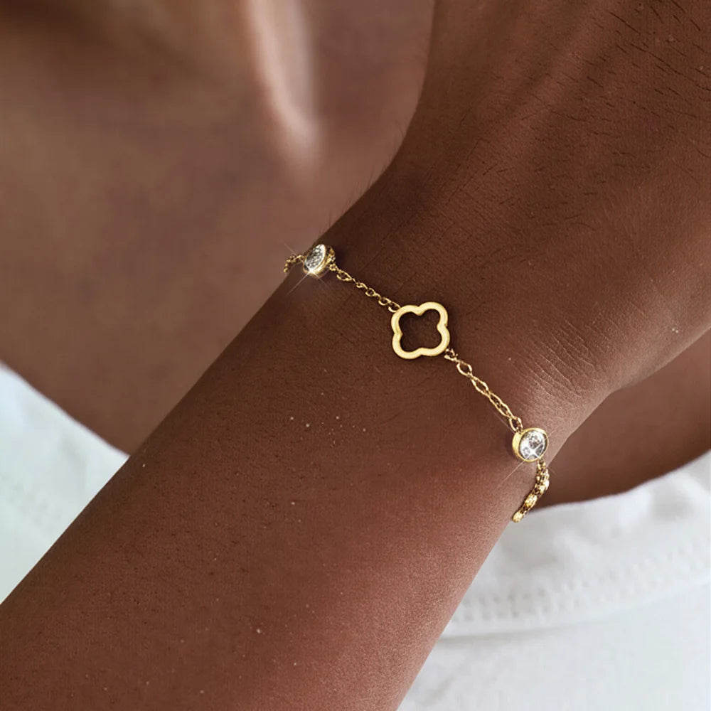 Bracelet avec Trèfles à 4 Feuilles avec Zircon or