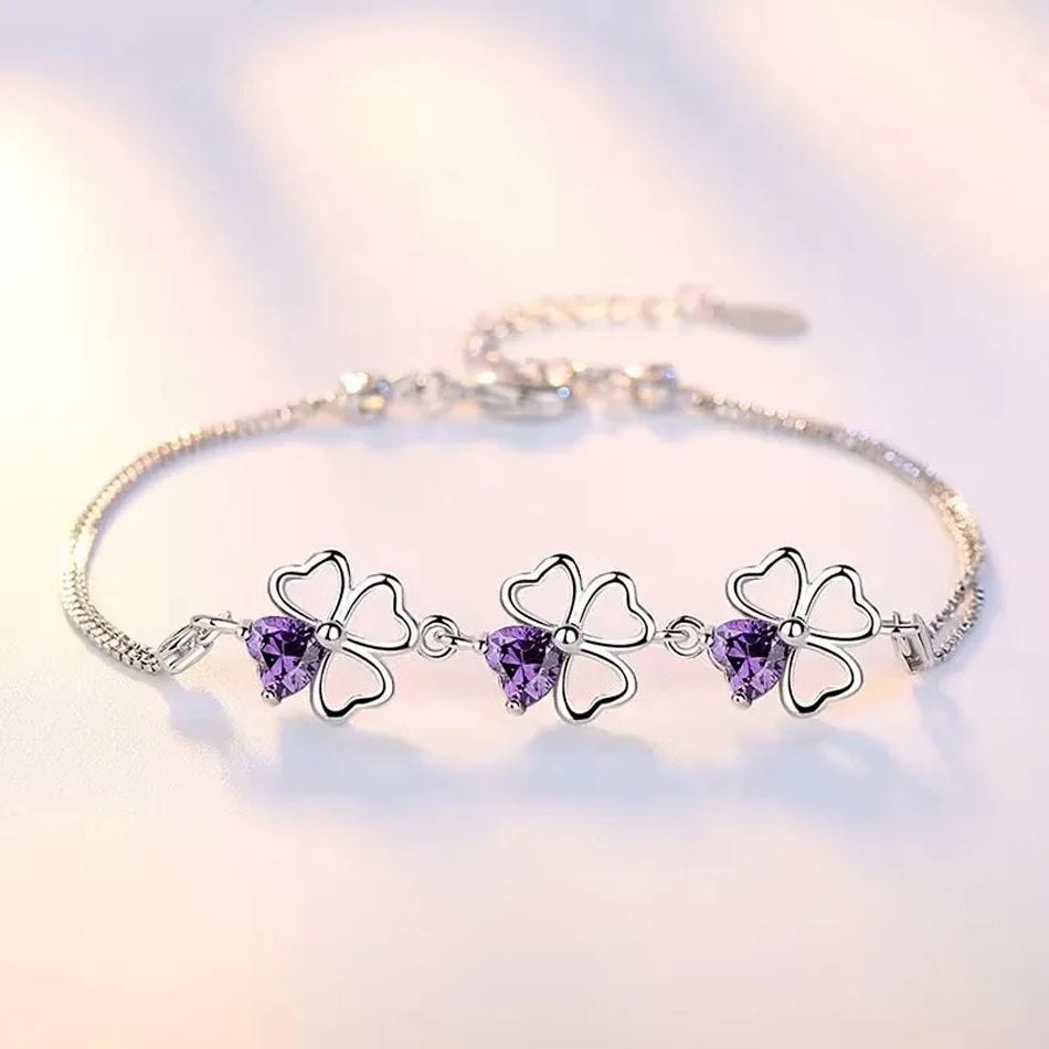Bracelet avec Trèfles à 4 Feuilles avec Zircon Violet