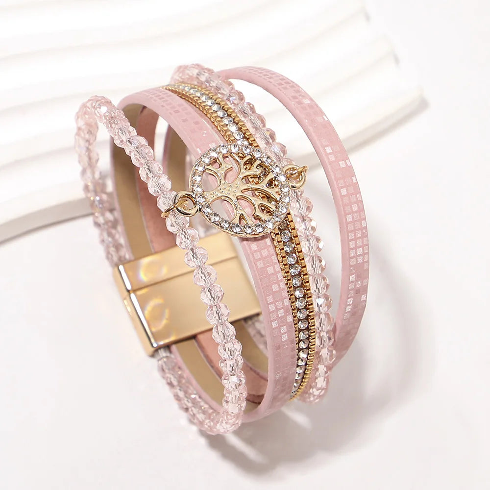 Boho-armbånd med flere rækker livets træ pink