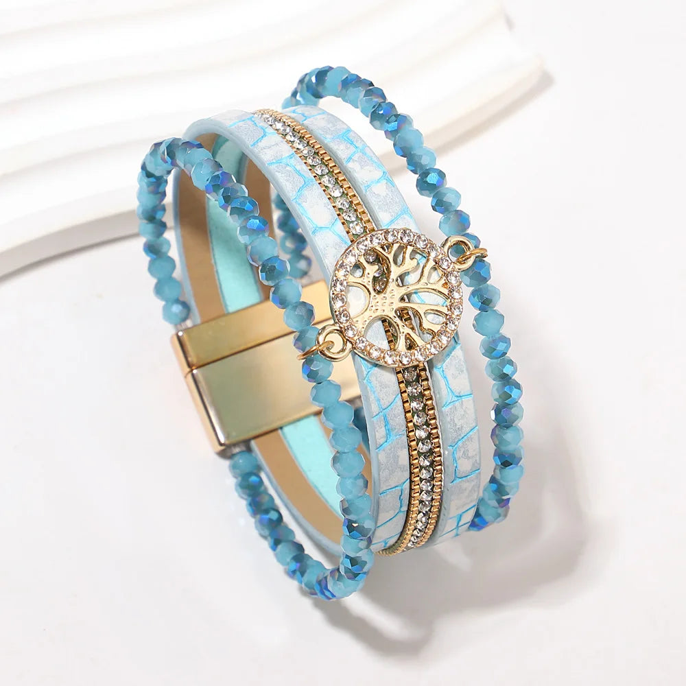 Boho-armbånd med flere rækker livets træ turkisblå