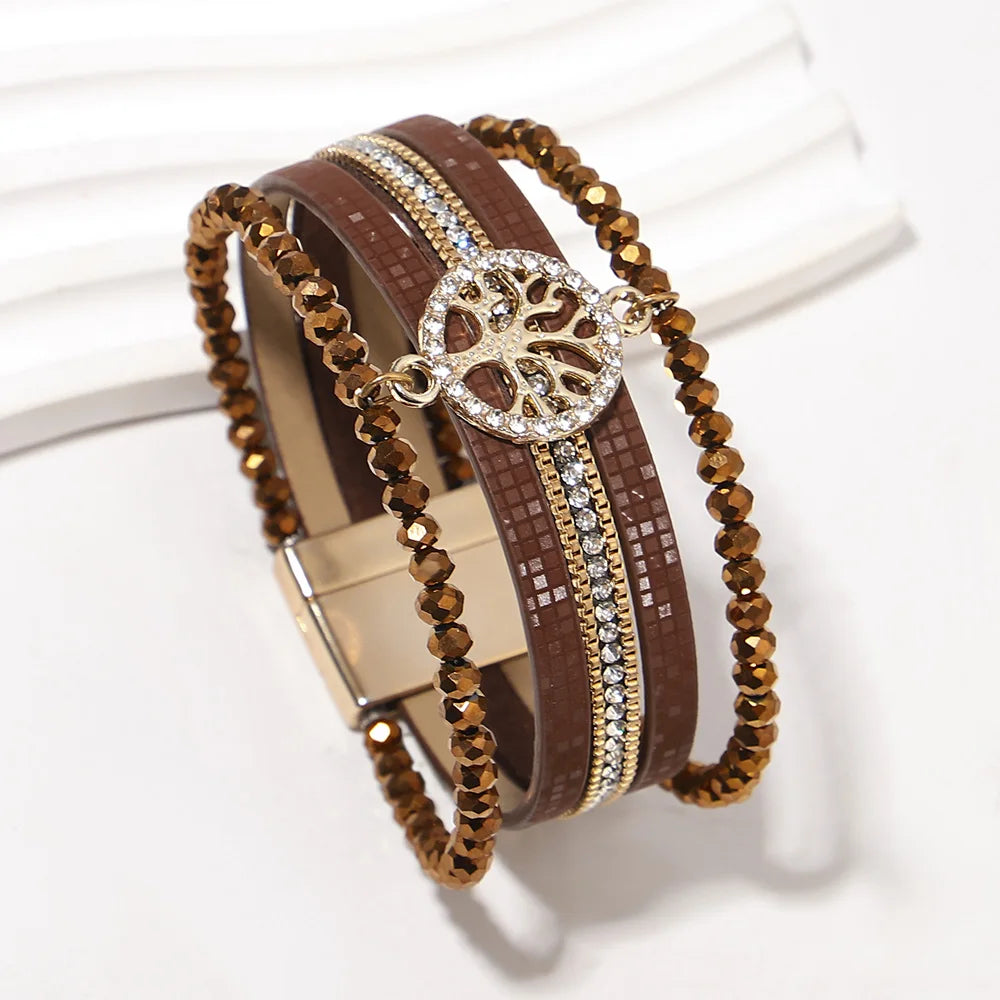 Boho-armbånd med flere rækker livets træ brun