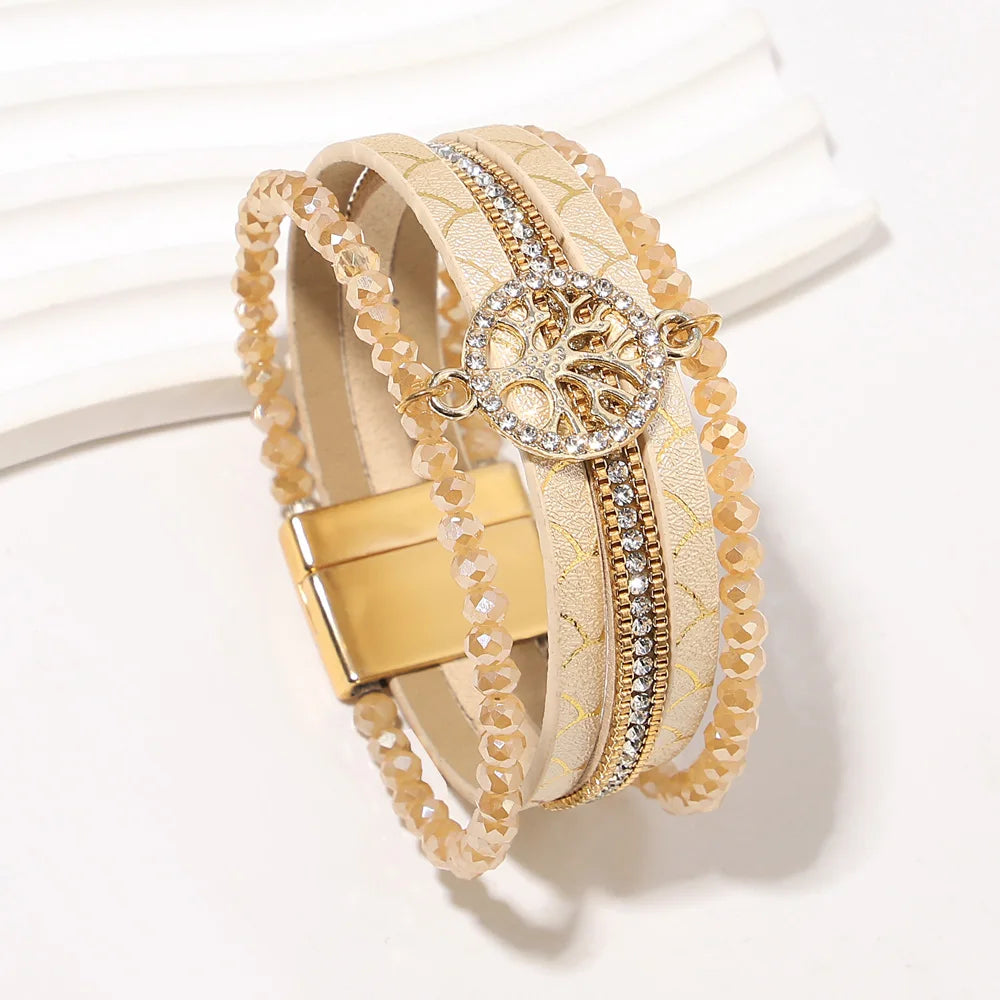 Boho-armbånd med flere rækker livets træ beige