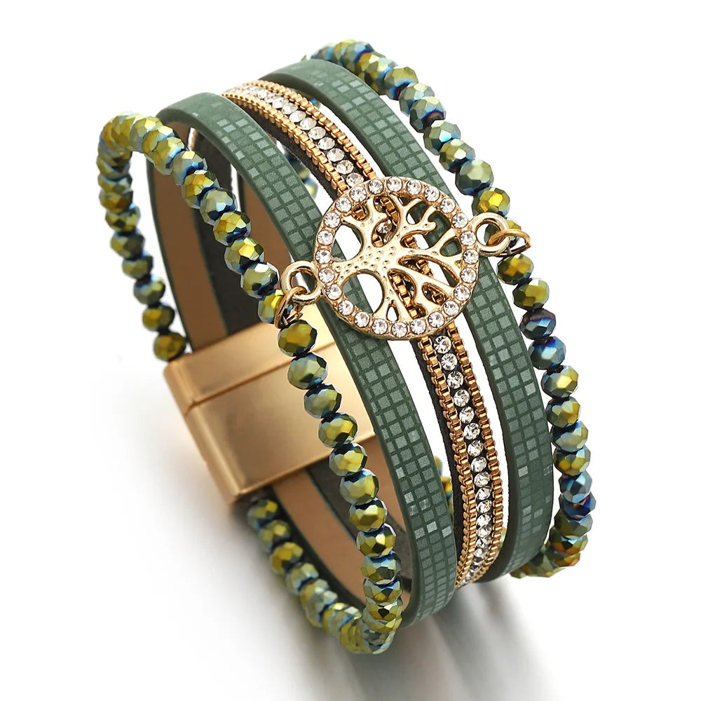 Boho-armbånd med flere rækker livets træ grøn
