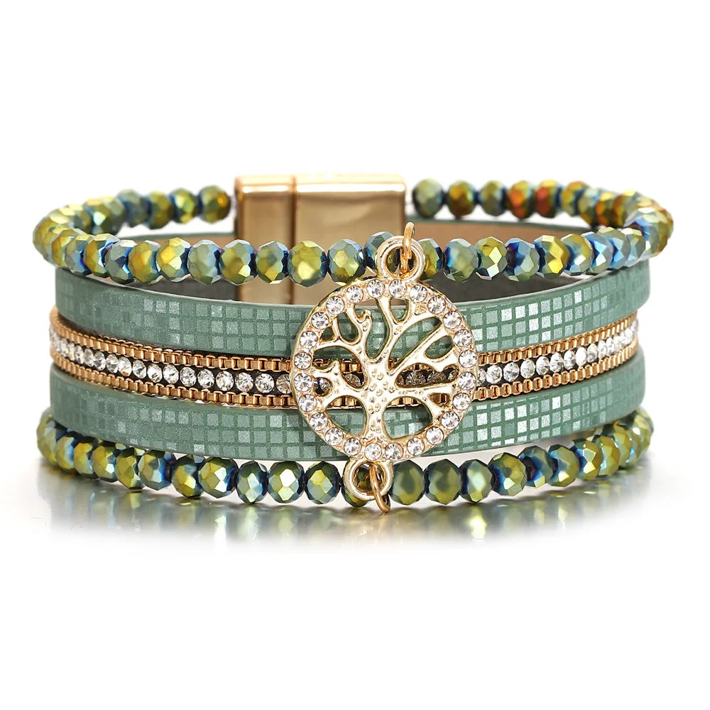 Boho-armbånd med flere rækker livets træ grøn