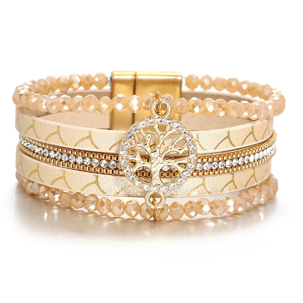 Boho-armbånd med flere rækker livets træ beige