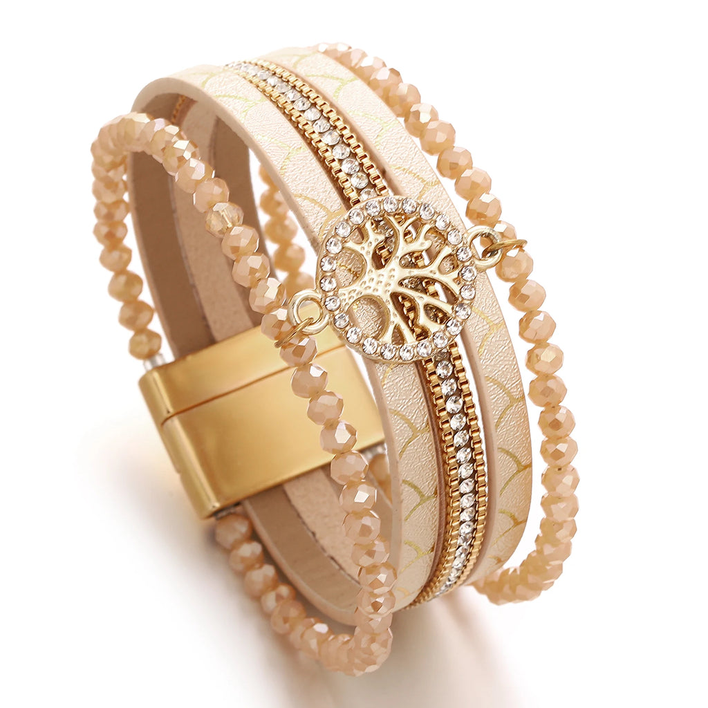 Boho-armbånd med flere rækker livets træ beige
