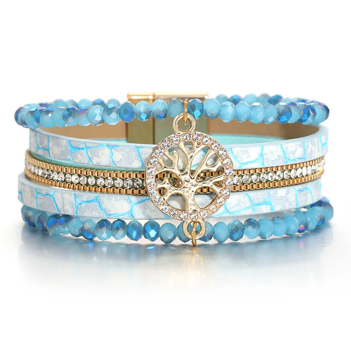 Boho-armbånd med flere rækker livets træ turkisblå