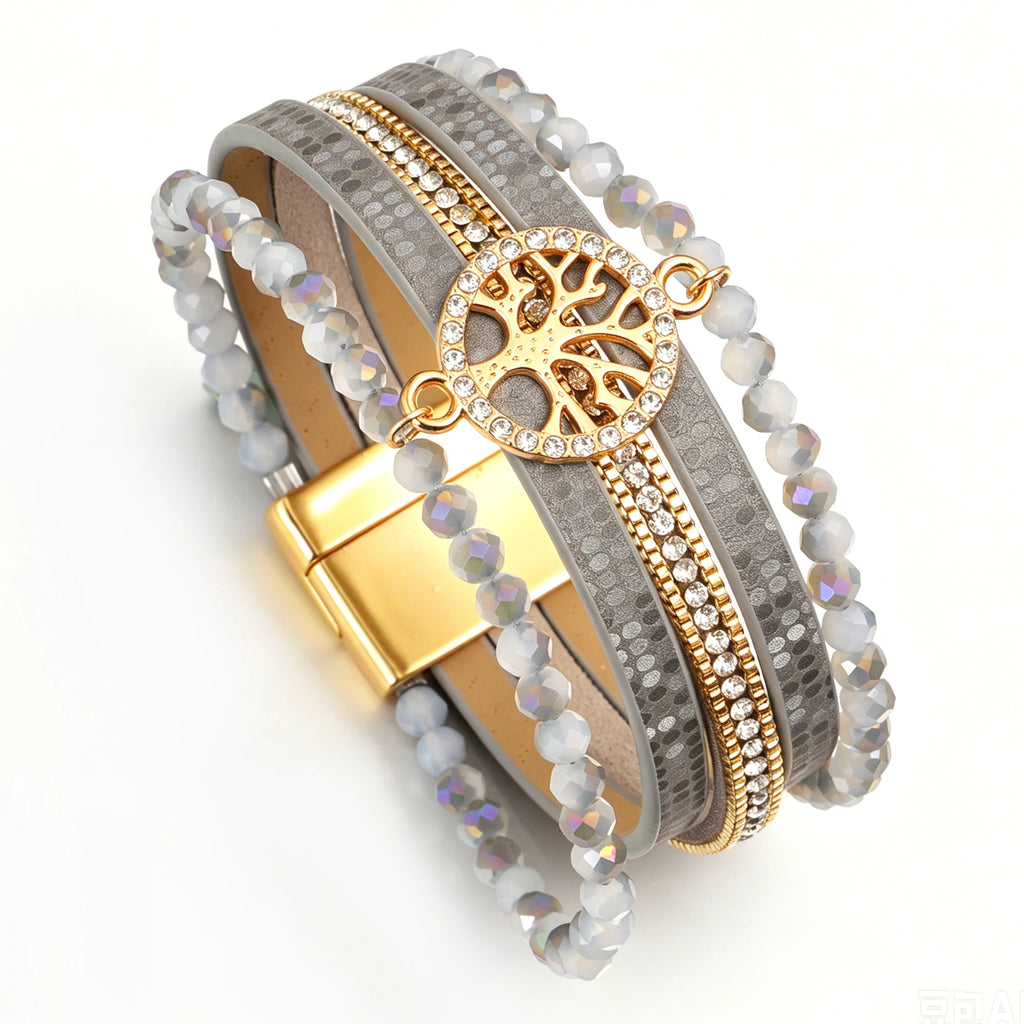 Boho-armbånd med flere rækker livets træ lysegrå