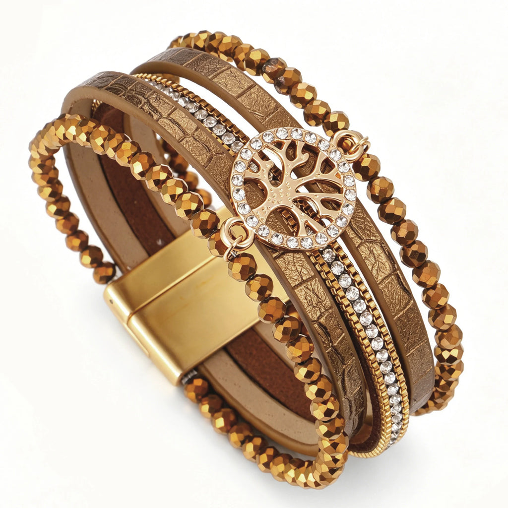 Boho-armbånd med flere rækker livets træ brun