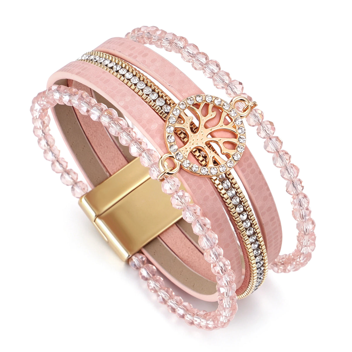 Boho-armbånd med flere rækker livets træ pink
